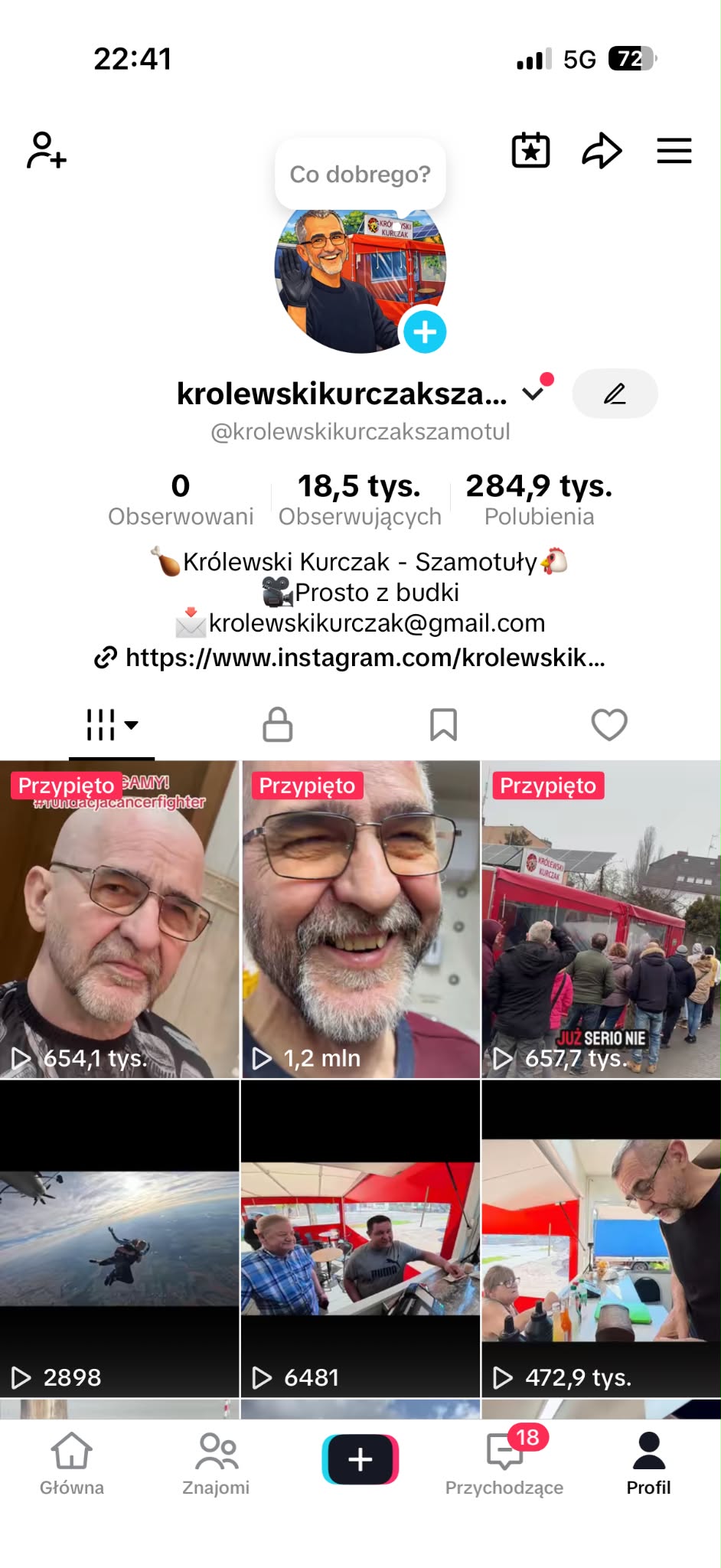 Profil TikTok Królewski Kurczak z popularnymi filmami